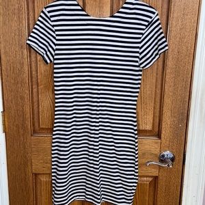 Blue and white striped midi dress. Has shoulder pads